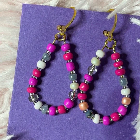 Pink, White & Blue Beaded Hoops | Handmade - Picture 3 of 3
